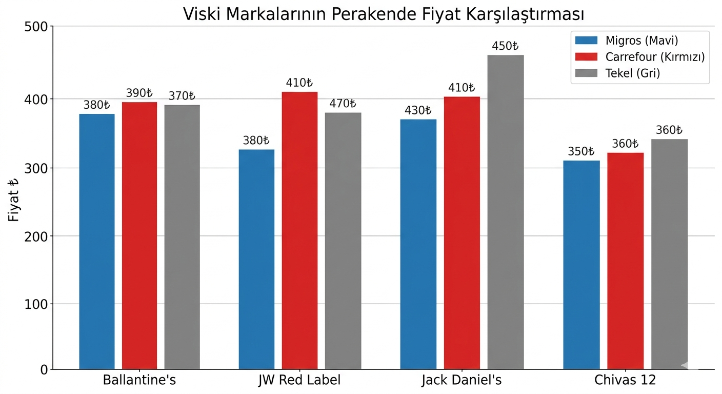Migros, Carrefour ve tekel bayii viski fiyatları karşılaştırma grafiği 2026